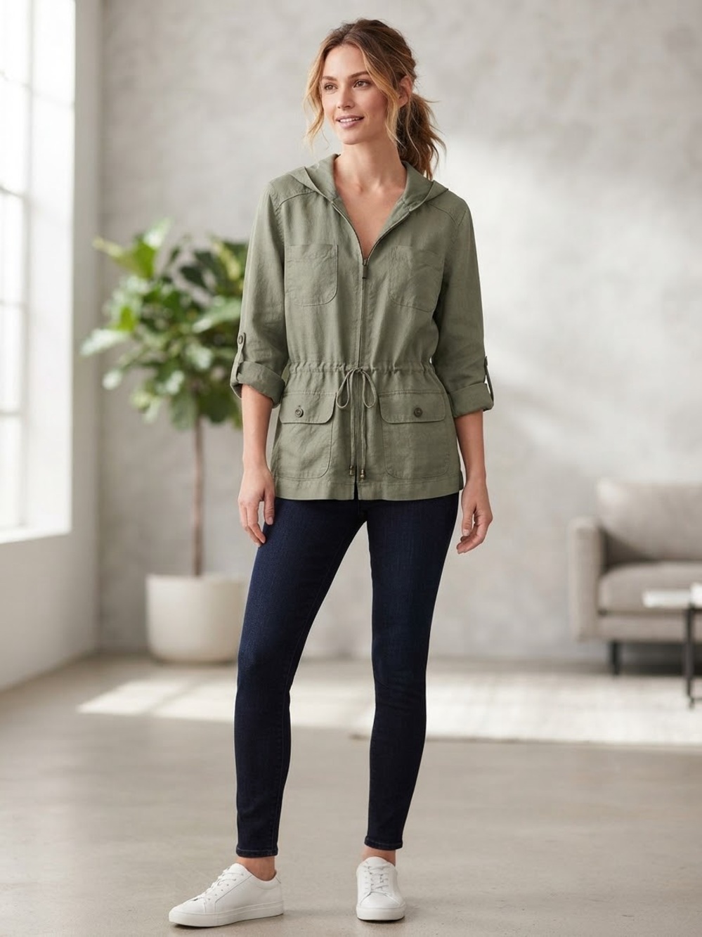 St. Tropez Olive Drawstring Utility Jacket 100% Linen
